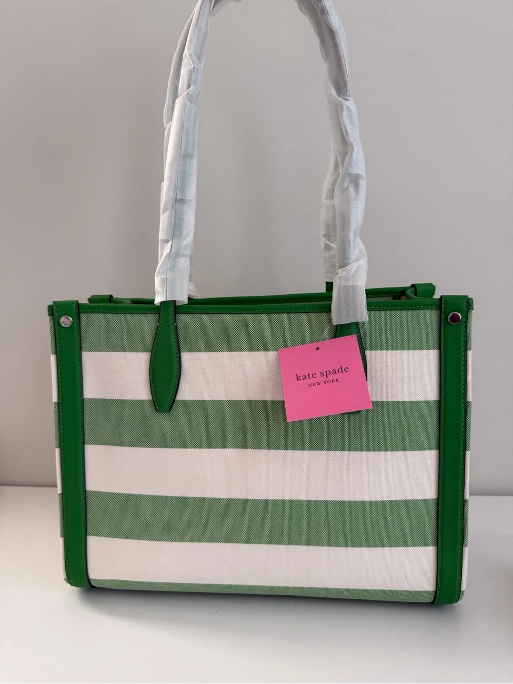 kate spade Green and White Striped Cabana Tote with Yellow Sun Charm